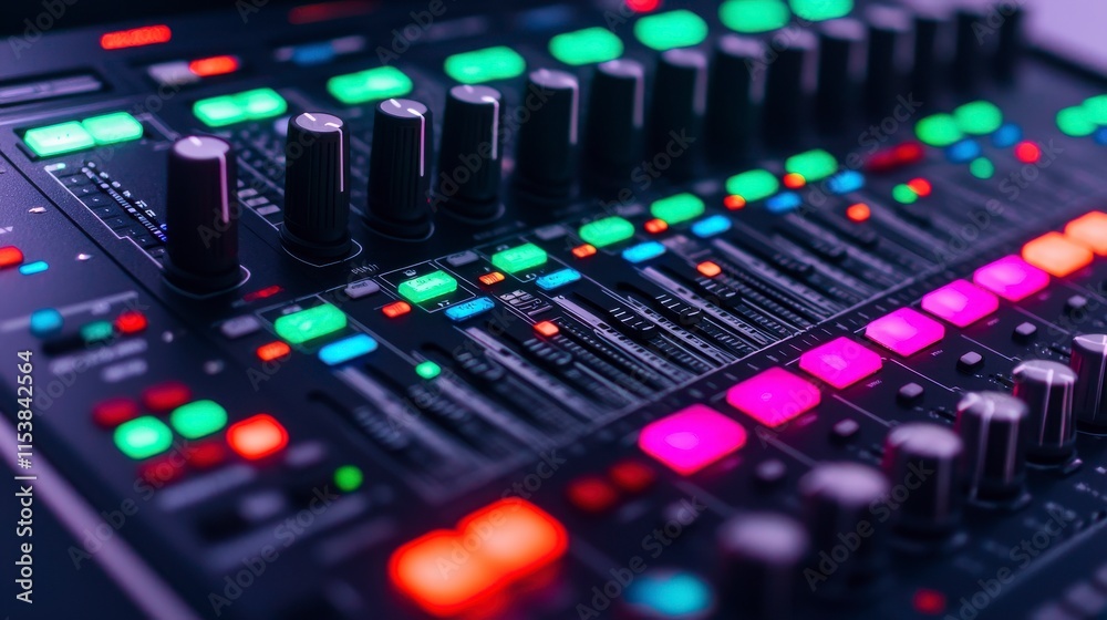 Modern audio mixing console with colorful illuminated buttons and faders, showcasing the intricate technology used in professional sound production and music recording Modern audio mixing console with colorful illuminated buttons and faders, showcasing the intricate technology used in professional sound production and music recording