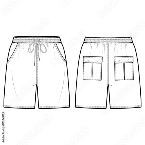 Technical flat sketch of Cargo shorts. Short pants with waist drawstring and patch pockets. Cording strap, Pleats, Tucks, Flap, Snap details.  