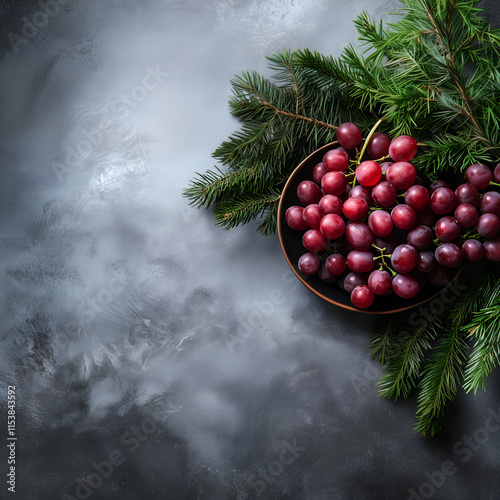 composition with grapes & fir branches; concept of spanish tradition of 12 grapes for new year, 2025, new year resolutions, new year's eve party, healthy lifestyle photo