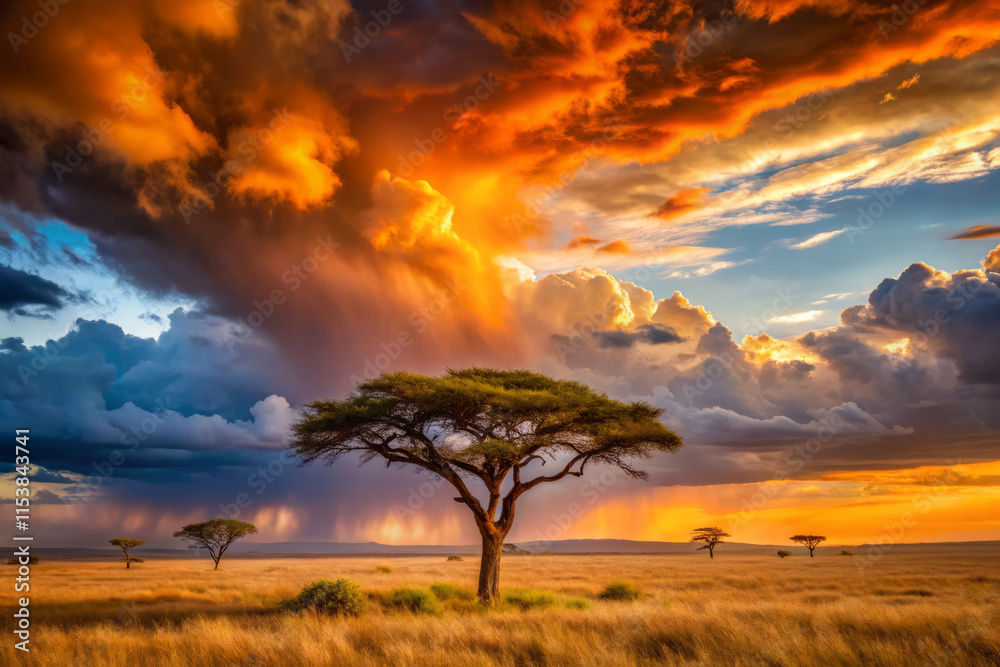 Naklejka premium stunning savanna landscape featuring solitary tree under dramatic clouds, illuminated by warm sunset hues. scene evokes sense of tranquility and awe