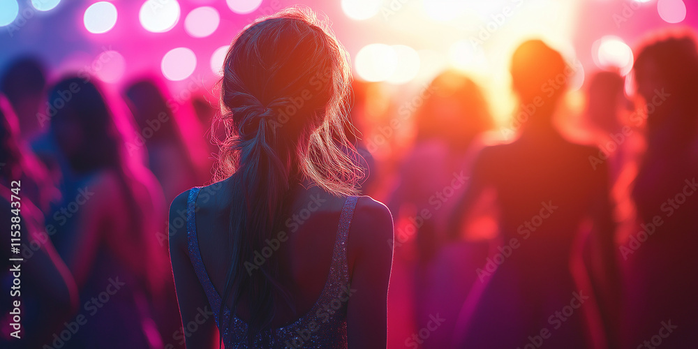 Nightlife celebration nightclub party scene colorful lighting back view vibrant energy and joyful atmosphere Nightlife celebration nightclub party scene colorful lighting back view vibrant energy and joyful atmosphere