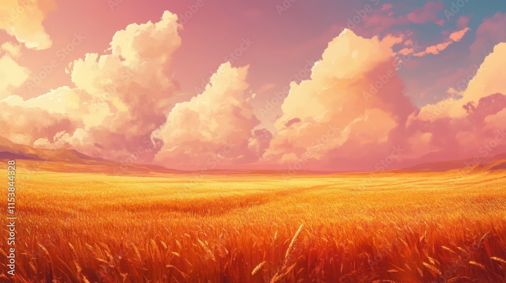 Golden Wheat Field Sunset Landscape Painting Golden Wheat Field Sunset Landscape Painting