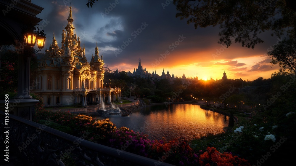 Obraz premium Golden Castle at Sunset: A Fairytale Landscape