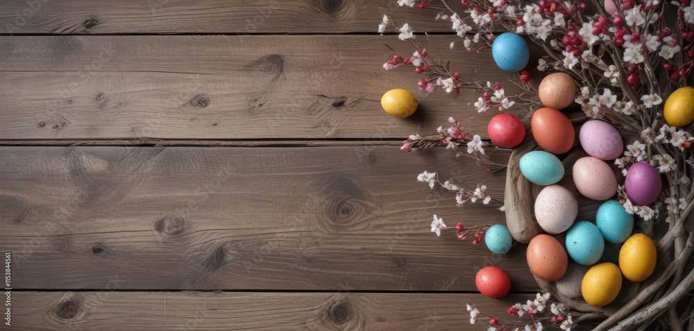 Obraz premium Colorful eggs arranged artistically with flowering branches on weathered wood , rustic wood, artistic, holiday