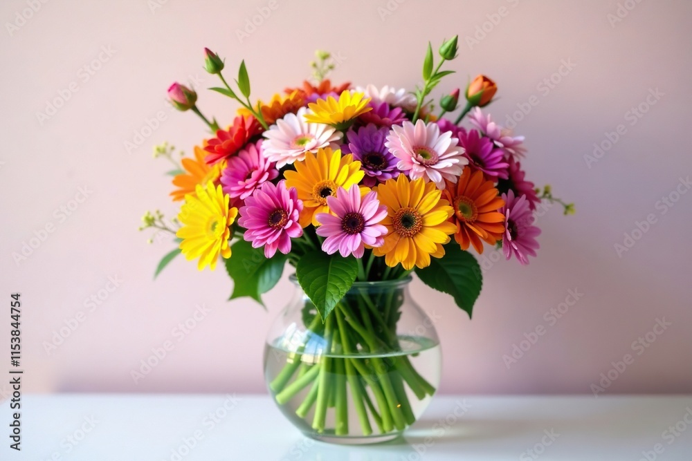 Colorful flowers blooming in a round glass vase, arrangement, vase, colorful Colorful flowers blooming in a round glass vase, arrangement, vase, colorful