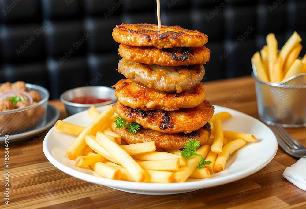 Delicious Crispy Chicken Stack with Fries Restaurant Food Delicious Crispy Chicken Stack with Fries Restaurant Food