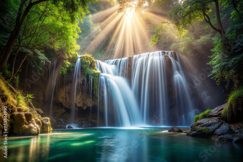stunning waterfall cascades into serene pool, surrounded by lush greenery and illuminated by radiant sunlight. scene evokes tranquility and natural beauty