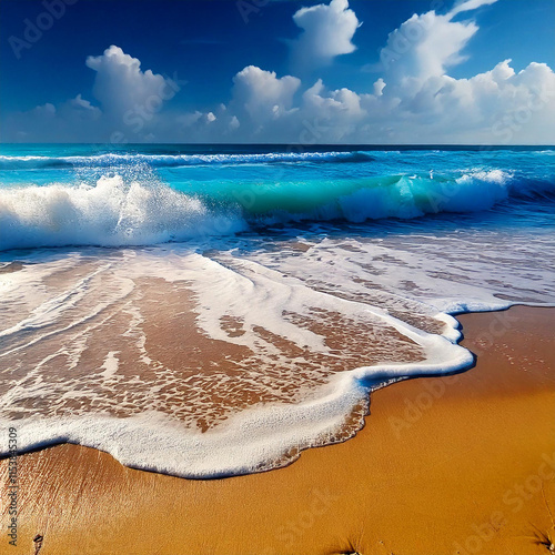 Stunning Turquoise Wave Crashing on Golden Sand Beach