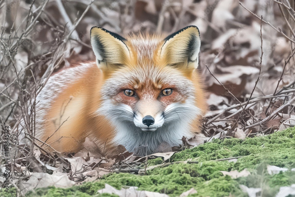 Fototapeta premium A close-up of a red fox resting among leaves and moss in a natural setting.