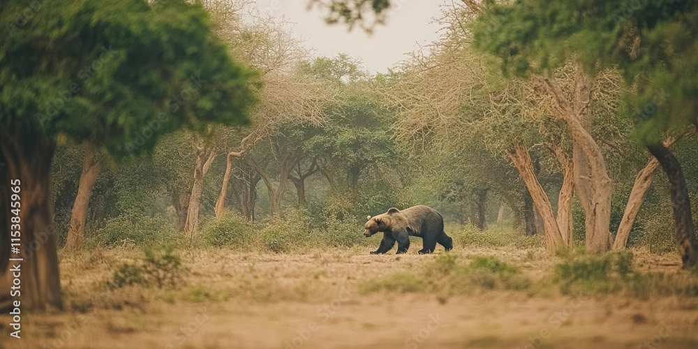 Fototapeta premium A bear walking through a serene forest landscape surrounded by trees.