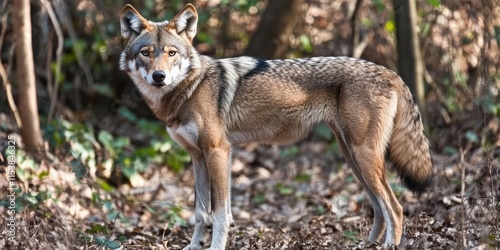 A coyote stands alert in a forested area, showcasing its natural habitat.