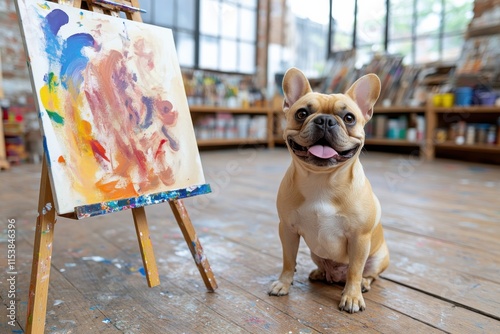 A charming French Bulldog sitting in a vibrant art studio, with its expressive face and playful demeanor contrasting against colorful paint strokes on the canvas nearby. photo