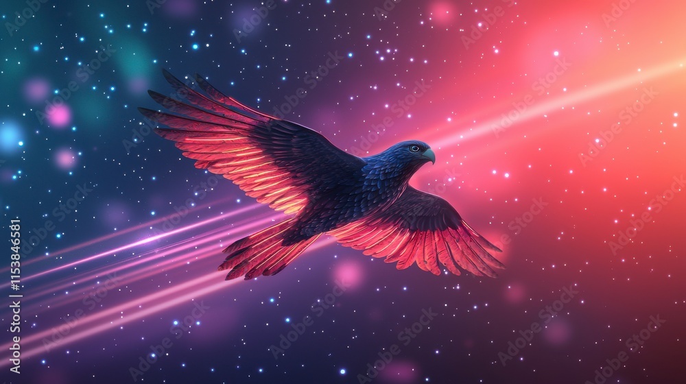 Fototapeta premium Majestic Black Hawk Soaring Through a Colorful Cosmic Landscape Filled with Stars and Nebulae, Capturing the Essence of Freedom and Adventure in a Digital Universe