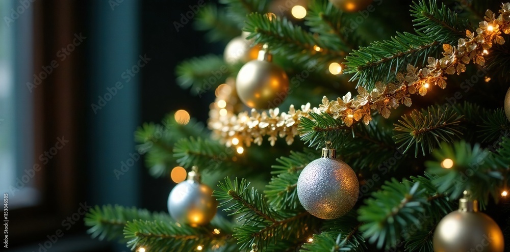 Fototapeta premium Ornate silver and gold garlands adorn the branches of a majestic Christmas tree, greenery, christmas tree, gold