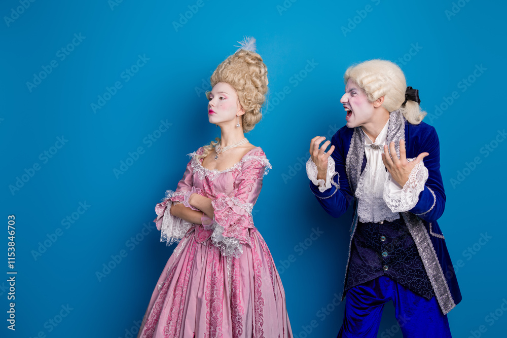 Elegant couple in historical attire with blue backdrop showcasing classic fashion and aristocratic flair captured in a timeless design.