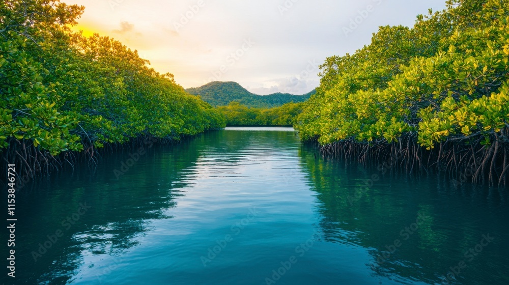 Serene Waterway Surrounded by Lush Green Mangrove Trees and Calm Waters at Sunset in a Tropical Landscape with Mountain Views Serene Waterway Surrounded by Lush Green Mangrove Trees and Calm Waters at Sunset in a Tropical Landscape with Mountain Views