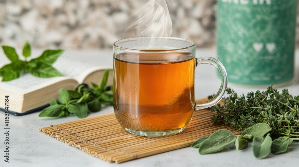 Steaming Herbal Tea in Glass Cup on Bamboo Mat