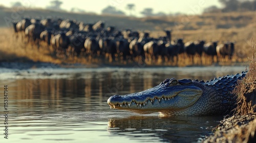 A crocodile rests in shallow water while wildebeests graze in the background.