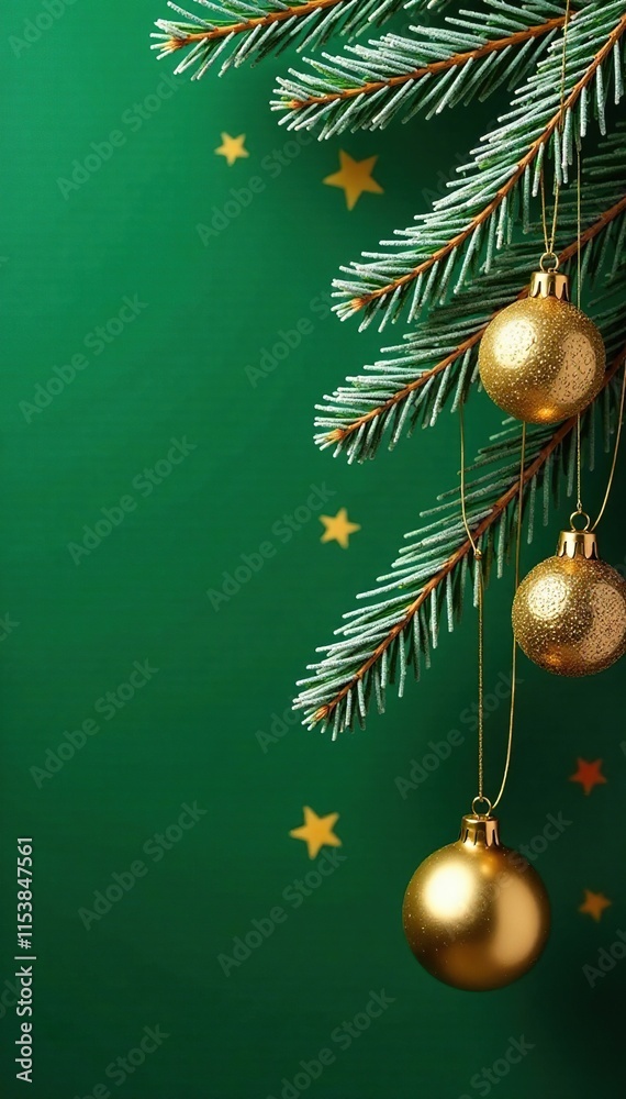 Naklejka premium Frosty pine branches with golden ornaments against a green Christmas background, holiday, decoration