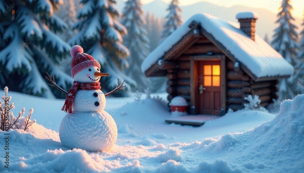 Obraz premium Frosty landscape with snowman in front of cabin door, winter, snowman, snow