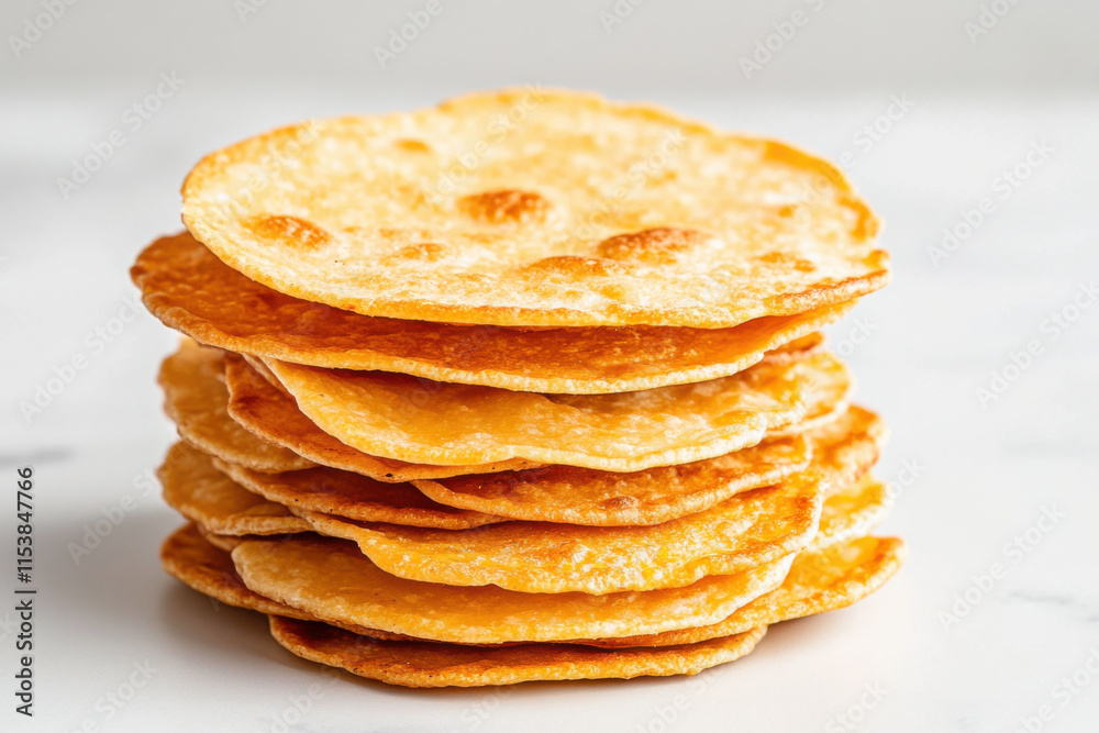 Crispy corn chips stacked neatly, showcasing their perfect round shape and golden color. Ideal for snacking or serving with dips Crispy corn chips stacked neatly, showcasing their perfect round shape and golden color. Ideal for snacking or serving with dips