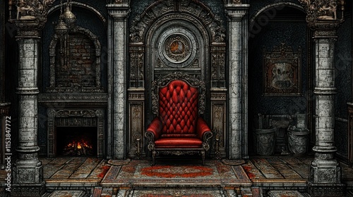 Red throne in dark gothic room with fireplace. photo