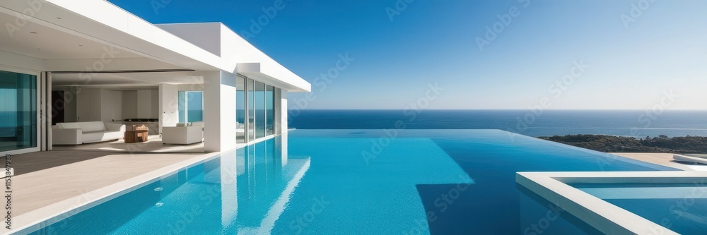 Fototapeta premium Luxurious modern villa with an infinity pool overlooking a serene ocean, featuring minimalist architecture, clean white surfaces, and a seamless indoor-outdoor living space under a clear blue sky