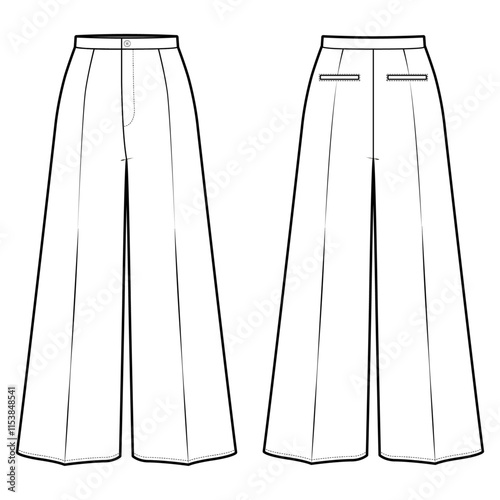 Technical flat sketch of Wide Long Pants. High waist pants with welt pockets. Pleats, Tucks details. 