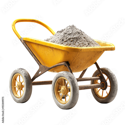 A yellow wheelbarrow filled with gray concrete, ideal for construction or landscaping projects.,transparent background photo