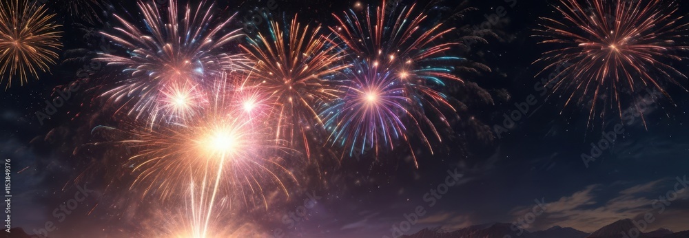 Obraz premium Vibrant fireworks exploding in the night sky with colorful sparks and stars , colorful, dynamic