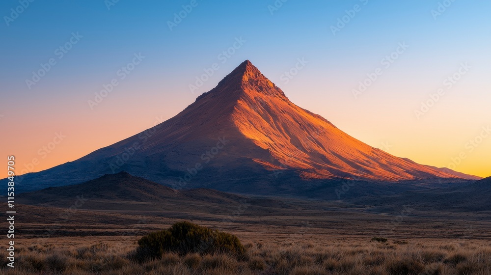 Majestic Volcano Peak at Sunset with Colorful Sky Above Breathtaking Landscape of Rolling Plains and Soft Light Illuminating Rocky Terrain Majestic Volcano Peak at Sunset with Colorful Sky Above Breathtaking Landscape of Rolling Plains and Soft Light Illuminating Rocky Terrain
