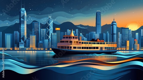 Hong Kong Star Ferry at Sunset - Modern Illustration