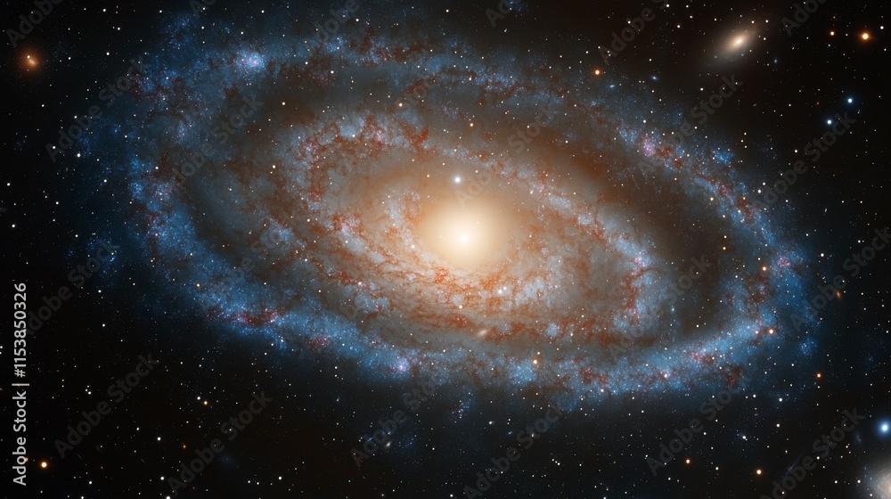 Naklejka premium Stunning Spiral Galaxy with Bright Core Surrounded by Stars and Nebulae Captured in Deep Space Photography, Bringing the Wonders of the Universe to Life