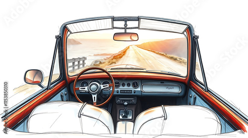 Vintage steering wheel, Charming illustration of a vintage car interior with steering wheel and scenic road view