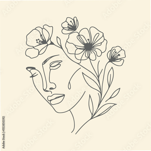 Hand Drawn line art woman face and flower