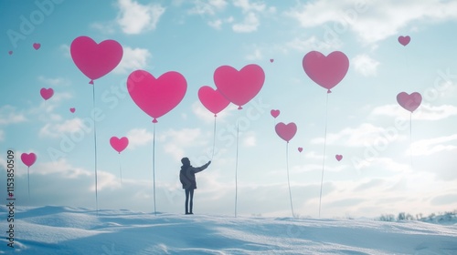 Cute pink heart shaped balloons floating in the winter, surrounded by clouds, the concept of celebration, festive atmosphere is poured into an abstract object