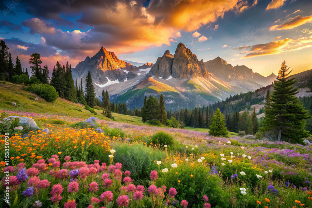 Naklejka premium sun drenched alpine meadow filled with vibrant wildflowers, surrounded by majestic mountains under colorful sunset sky. scene evokes tranquility and natural beauty