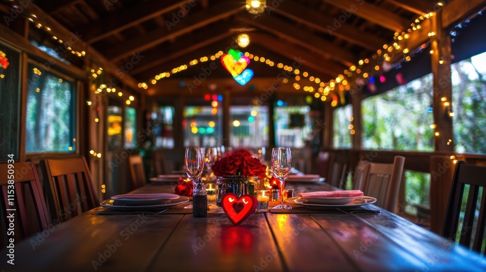 Romantic dinner setting with fairy lights and red roses. Romantic dinner setting with fairy lights and red roses.