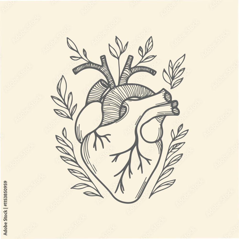 Obraz premium Hand drawn Lineart real human heart with flower