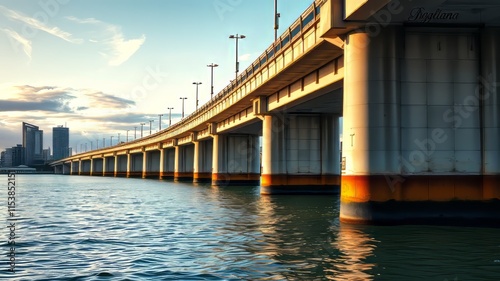 Auckland Harbour Bridge Support Pillars - Glossy Water, Concrete Frame, Bright Colors, High-Quality AI Photo photo