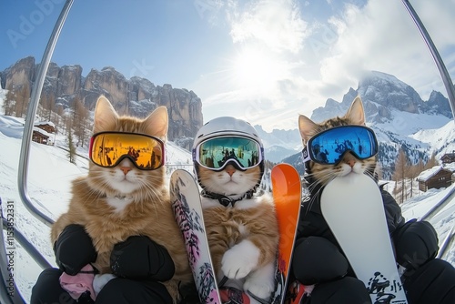 skiers cats wearing helmets and holding snowboards on the paws are on a lift on dolomites winter background.