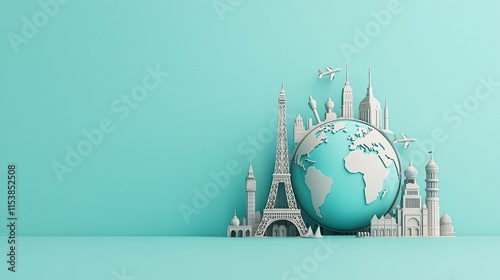 Global travel concept with world map and famous landmarks. 
