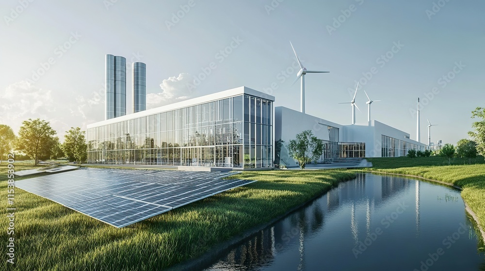 Obraz premium A futuristic factory building designed for energy efficiency and modular production systems