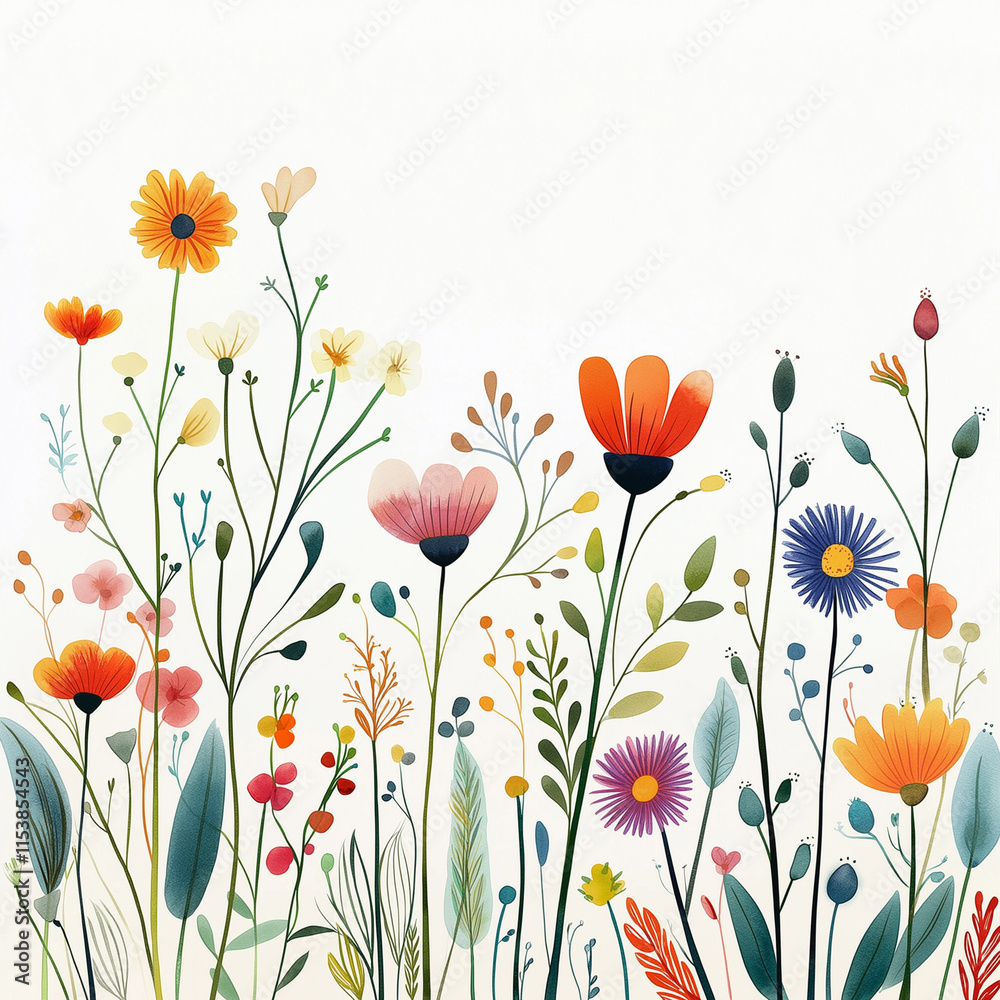 Watercolor depiction of a wildflower meadow with scattered daisies, cornflowers, and poppies in soft shades