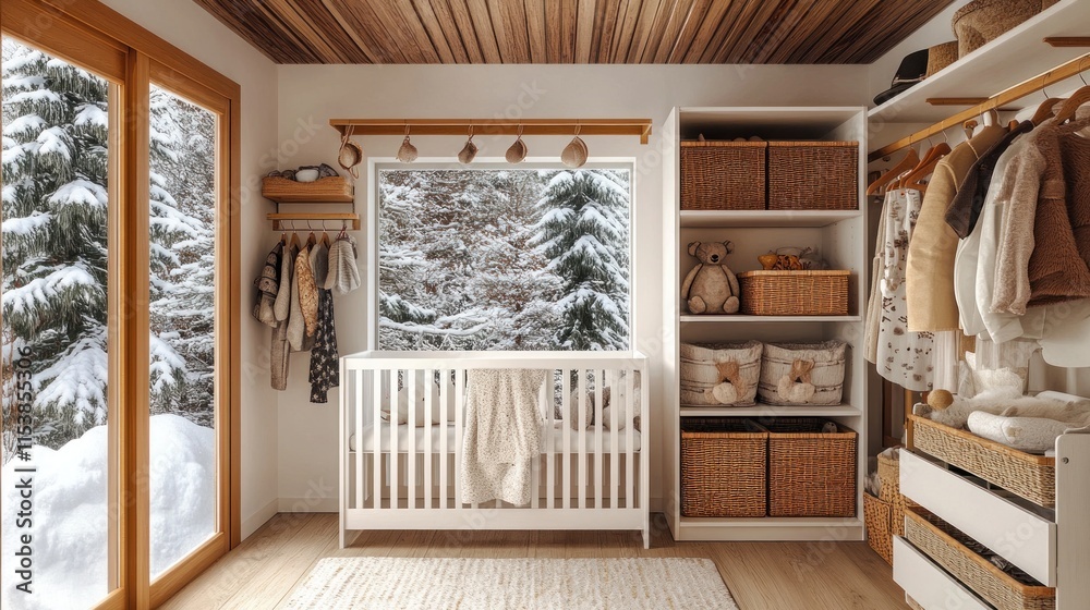 Cozy winter nursery with crib, wardrobe, and snowy view. Cozy winter nursery with crib, wardrobe, and snowy view.