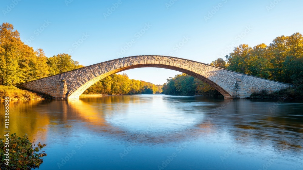 Scenic Arch Bridge Over Tranquil Waterway Surrounded by Vibrant Autumn Foliage Reflecting Calm Sky and Natural Beauty in a Picturesque Landscape Scenic Arch Bridge Over Tranquil Waterway Surrounded by Vibrant Autumn Foliage Reflecting Calm Sky and Natural Beauty in a Picturesque Landscape