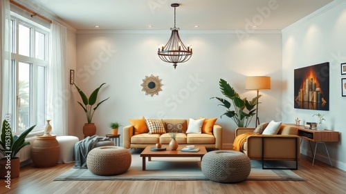 Boho Living Room Mockup - Horizontal 3D Render - Interior Design