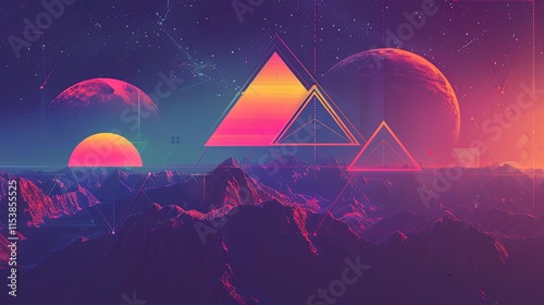 Retro Futuristic Landscape With Planets and Geometric Shapes photo