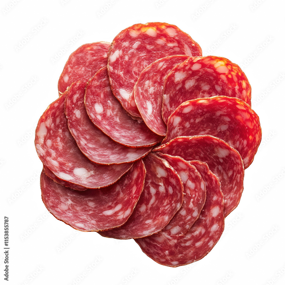 sliced pieces of salami isolated on transparent background Generative Ai. sliced pieces of salami isolated on transparent background Generative Ai.