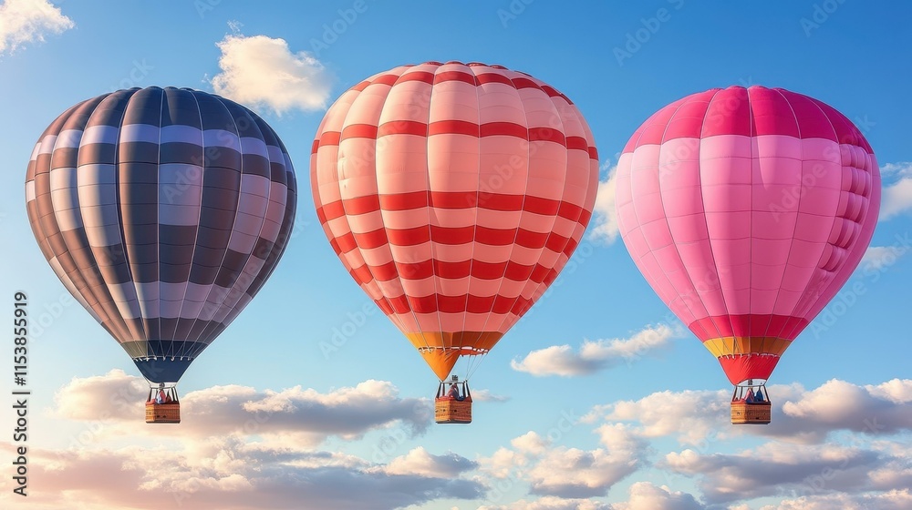Fototapeta premium heic Mlops Martech saas Kubernetes backup Thumbnail Esg fintech Telegram channel Helium 10 Second state Dezgo Three colorful hot air balloons with striped patterns floating in blue sky soft clouds, p